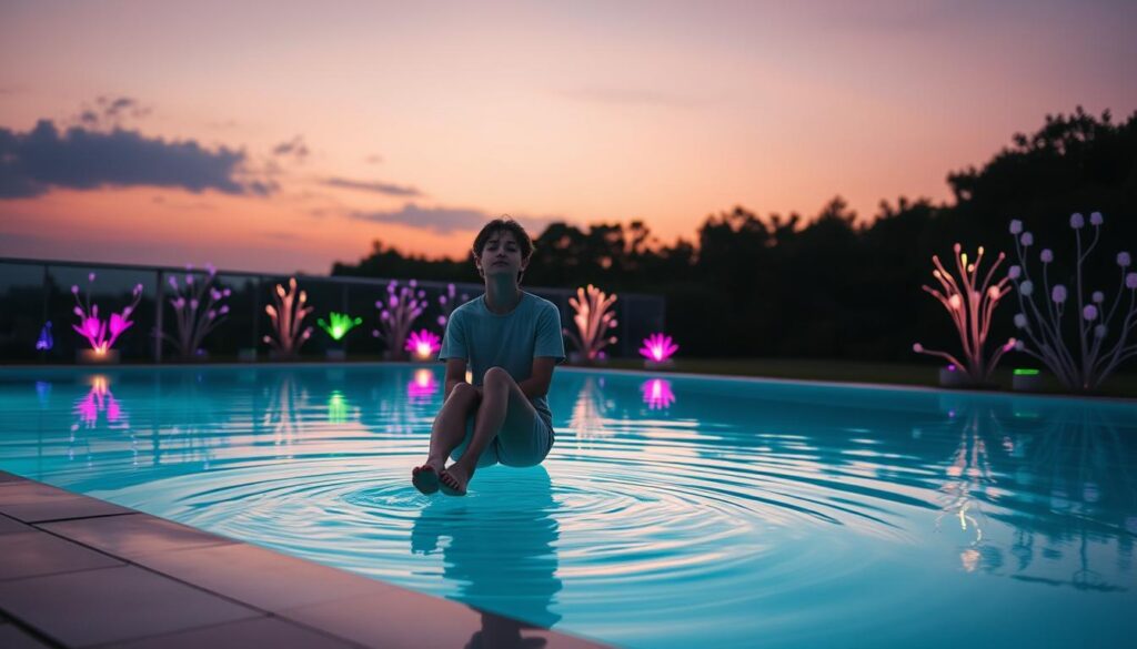 A serene scene capturing the essence of "water mood reset" to elevate vibration. In the foreground, a young adult in modest casual clothing is seated at the edge of a vibrant turquoise pool, their feet gently dipping into the water, creating soft ripples. In the middle ground, the pool reflects a kaleidoscope of neon colors, evoking an otherworldly atmosphere. Faint, dreamlike plants with bioluminescent qualities surround the pool, adding a whimsical touch. In the background, a tranquil sunset bathes the sky in shades of pink and purple, casting gentle light on the scene. The composition emphasizes a sense of calm and rejuvenation, inviting viewers into a meditative escape. Shot at a slight angle with soft lighting to enhance mood and depth. A serene scene capturing the essence of "water mood reset" to elevate vibration. In the foreground, a young adult in modest casual clothing is seated at the edge of a vibrant turquoise pool, their feet gently dipping into the water, creating soft ripples. In the middle ground, the pool reflects a kaleidoscope of neon colors, evoking an otherworldly atmosphere. Faint, dreamlike plants with bioluminescent qualities surround the pool, adding a whimsical touch. In the background, a tranquil sunset bathes the sky in shades of pink and purple, casting gentle light on the scene. The composition emphasizes a sense of calm and rejuvenation, inviting viewers into a meditative escape. Shot at a slight angle with soft lighting to enhance mood and depth.