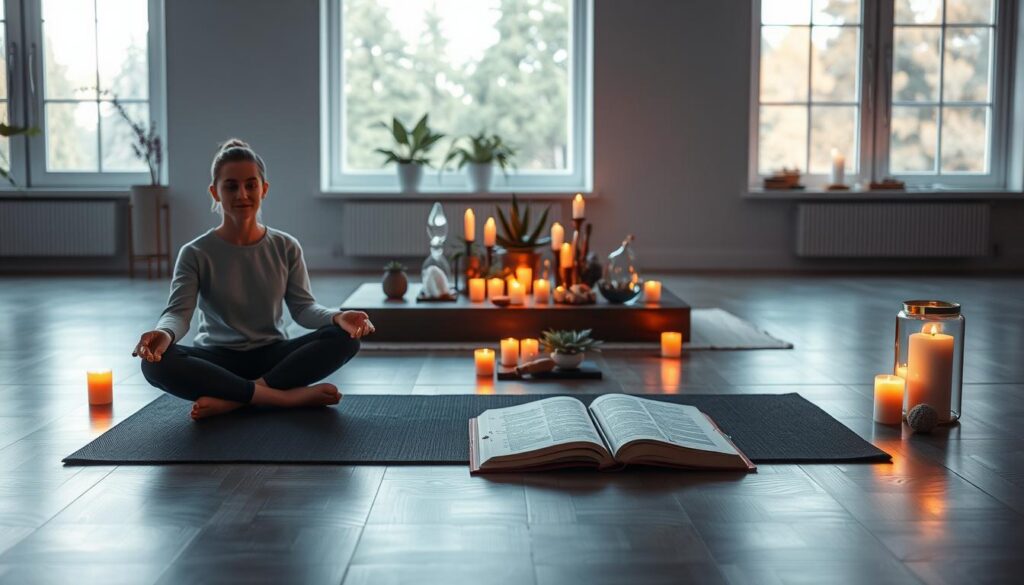 A serene scene depicting a balanced daily manifestation practice in a tranquil environment. In the foreground, a young adult in professional casual attire sits cross-legged on a modern meditation mat, surrounded by glowing crystals and soft, ambient candles softly illuminating vibrant neon colors. In the middle ground, a beautifully designed altar adorned with plants and an open journal lies, inviting contemplation. The background features a minimalist room with large windows, allowing soft natural light to filter in, creating a calming atmosphere. The overall mood conveys peace, focus, and positivity, ideal for a high-end magazine advertisement. Use a wide-angle lens to capture the depth of the space and emphasize the harmony of elements, enhancing the sense of balance and energy. A serene scene depicting a balanced daily manifestation practice in a tranquil environment. In the foreground, a young adult in professional casual attire sits cross-legged on a modern meditation mat, surrounded by glowing crystals and soft, ambient candles softly illuminating vibrant neon colors. In the middle ground, a beautifully designed altar adorned with plants and an open journal lies, inviting contemplation. The background features a minimalist room with large windows, allowing soft natural light to filter in, creating a calming atmosphere. The overall mood conveys peace, focus, and positivity, ideal for a high-end magazine advertisement. Use a wide-angle lens to capture the depth of the space and emphasize the harmony of elements, enhancing the sense of balance and energy.