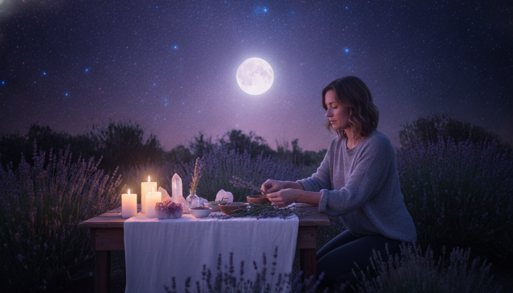 A serene scene depicting a lunar ritual preparation under a starry night sky. In the foreground, a table elegantly set with candles, crystals, and herbal offerings, all illuminated by soft, shimmering moonlight. A person of Caucasian descent, dressed in modest casual clothing, is focused intently on arranging items, their expression serene and contemplative. The middle ground features lush greenery and subtle lavender blooms, enhancing the tranquil atmosphere. In the background, a brilliant full moon glows, casting a soft, ethereal light over everything. The composition uses a wide-angle lens to capture the majesty of the night sky, with dreamy, neon colors adding a touch of enchantment. The overall mood is one of calm anticipation, inviting viewers into a sacred and spiritual space.