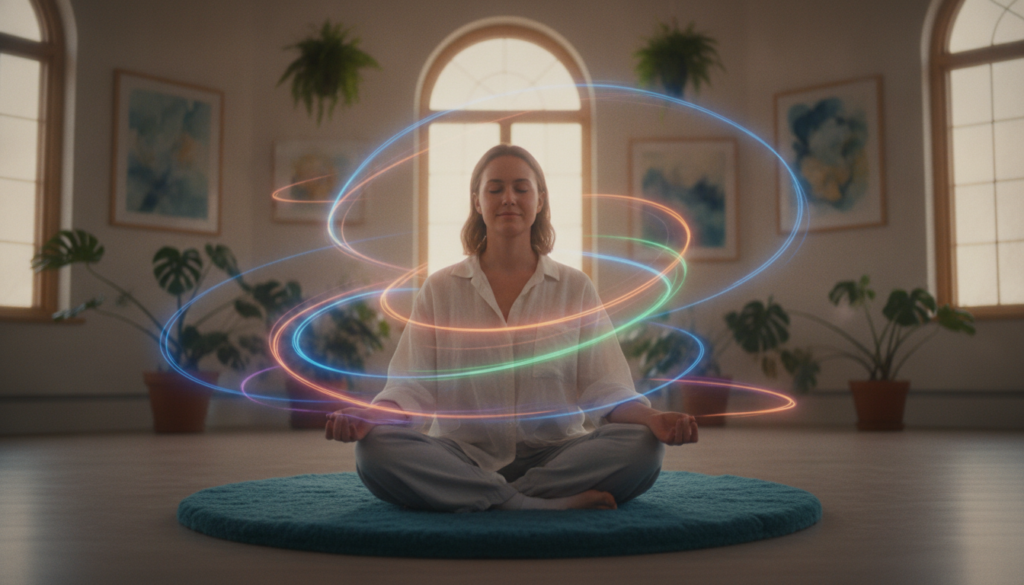 A serene scene depicting a peaceful meditation space designed for safe visualization practices. In the foreground, a young adult Caucasian woman in modest casual clothing sits cross-legged on a soft, plush mat, her eyes closed and a calm expression on her face. The middle layer features soft, glowing neon colors swirling gently around her, embodying a dreamlike atmosphere, with abstract shapes suggesting tranquility and focus. The background reveals a softly lit room with large windows, allowing natural light to filter in, while plants and calming artwork create a soothing ambiance. The overall mood is one of safety and serenity, promoting mindfulness and caution in meditation practices. Use a warm, diffused lighting effect, with a slight blur around the edges to enhance the dreamcore aesthetic. A serene scene depicting a peaceful meditation space designed for safe visualization practices. In the foreground, a young adult Caucasian woman in modest casual clothing sits cross-legged on a soft, plush mat, her eyes closed and a calm expression on her face. The middle layer features soft, glowing neon colors swirling gently around her, embodying a dreamlike atmosphere, with abstract shapes suggesting tranquility and focus. The background reveals a softly lit room with large windows, allowing natural light to filter in, while plants and calming artwork create a soothing ambiance. The overall mood is one of safety and serenity, promoting mindfulness and caution in meditation practices. Use a warm, diffused lighting effect, with a slight blur around the edges to enhance the dreamcore aesthetic.