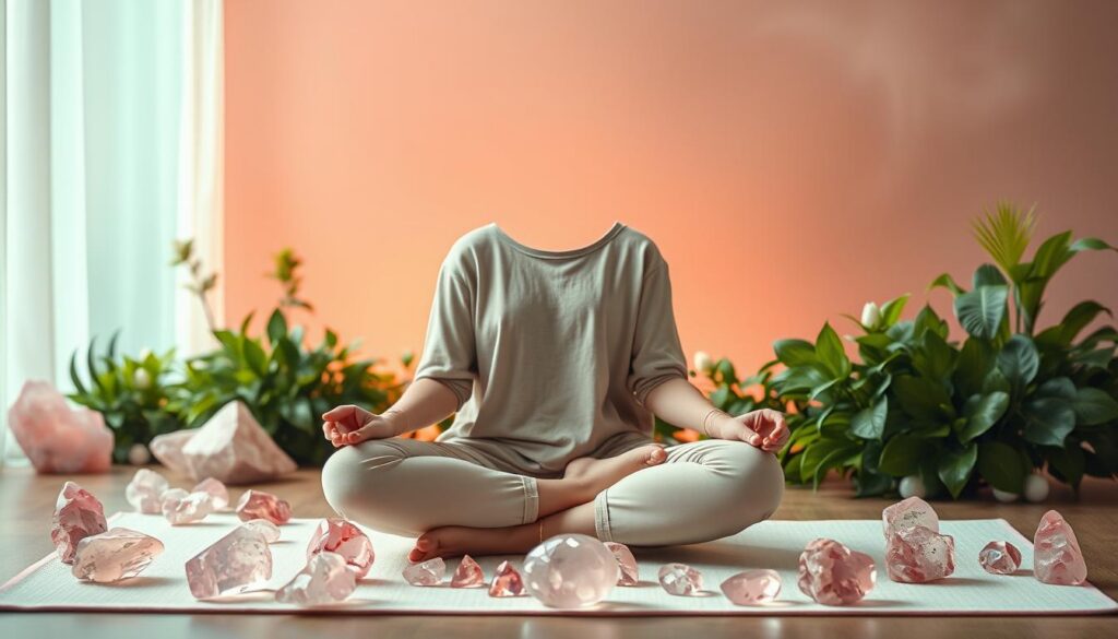 A serene scene depicting a peaceful meditation space featuring rose quartz crystals. In the foreground, a person in modest casual clothing sits cross-legged on a soft, pastel-colored mat, surrounded by various shapes and sizes of vibrant rose quartz stones that catch the soft light. The middle ground showcases a harmonious arrangement of greenery, with gentle, diffused neon colors in the leaves and soft warm light filtering through. In the background, abstract dreamcore elements swirl subtly, evoking a sense of tranquility and love. The atmosphere is soothing and dreamy, capturing the essence of meditation and the healing properties of rose quartz. The composition should be shot with a soft focus lens, slightly above eye level, enhancing the ethereal quality without any text or distracting elements.