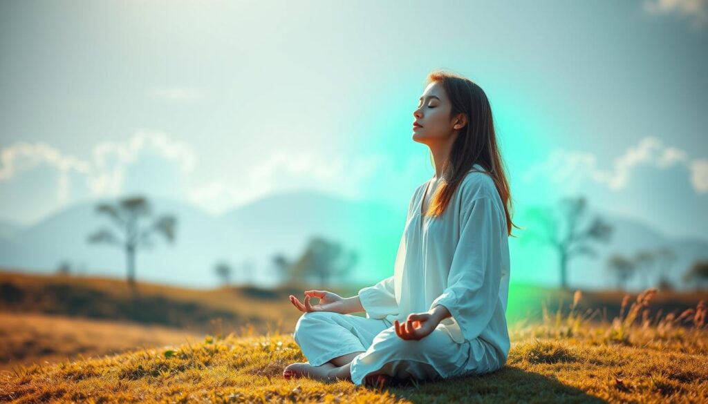 A serene scene depicting a person engaged in breathing meditation outdoors. In the foreground, a young adult dressed in light, modest, flowing clothing sits cross-legged on a soft grassy patch, eyes gently closed, exuding tranquility. The middle layer reveals a softly glowing aura around them, created by vibrant neon colors—gentle blues and greens blending harmoniously. In the background, abstract forms of dreamcore landscapes rise, with ethereal trees and floating clouds, illuminated by soft, diffused light that creates an uplifting atmosphere. The overall mood is peaceful and contemplative, embodying calmness and gratitude. Use a soft focus lens and a slightly elevated angle to enhance the ethereal quality of the scene, evoking a meditative experience. A serene scene depicting a person engaged in breathing meditation outdoors. In the foreground, a young adult dressed in light, modest, flowing clothing sits cross-legged on a soft grassy patch, eyes gently closed, exuding tranquility. The middle layer reveals a softly glowing aura around them, created by vibrant neon colors—gentle blues and greens blending harmoniously. In the background, abstract forms of dreamcore landscapes rise, with ethereal trees and floating clouds, illuminated by soft, diffused light that creates an uplifting atmosphere. The overall mood is peaceful and contemplative, embodying calmness and gratitude. Use a soft focus lens and a slightly elevated angle to enhance the ethereal quality of the scene, evoking a meditative experience.