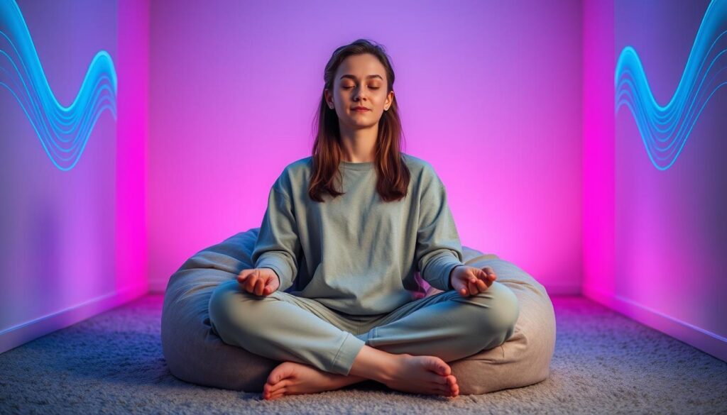 A serene scene depicting a person in a modern meditation space, embodying the alpha state relaxation technique. In the foreground, a young adult in comfortable, modest clothing sits cross-legged on a plush, oversized bean bag. Their eyes are gently closed, and a calm expression radiates peace. The middle ground features softly glowing neon lights in hues of blue and purple, creating a dreamcore ambiance. In the background, abstract patterns reminiscent of flowing water ripple subtly along the walls, further enhancing the tranquil atmosphere. Soft, diffused lighting illuminates the entire space, suggesting early evening. The composition should convey a mood of deep relaxation and focus, inviting the viewer into a peaceful, meditative environment. A serene scene depicting a person in a modern meditation space, embodying the alpha state relaxation technique. In the foreground, a young adult in comfortable, modest clothing sits cross-legged on a plush, oversized bean bag. Their eyes are gently closed, and a calm expression radiates peace. The middle ground features softly glowing neon lights in hues of blue and purple, creating a dreamcore ambiance. In the background, abstract patterns reminiscent of flowing water ripple subtly along the walls, further enhancing the tranquil atmosphere. Soft, diffused lighting illuminates the entire space, suggesting early evening. The composition should convey a mood of deep relaxation and focus, inviting the viewer into a peaceful, meditative environment.