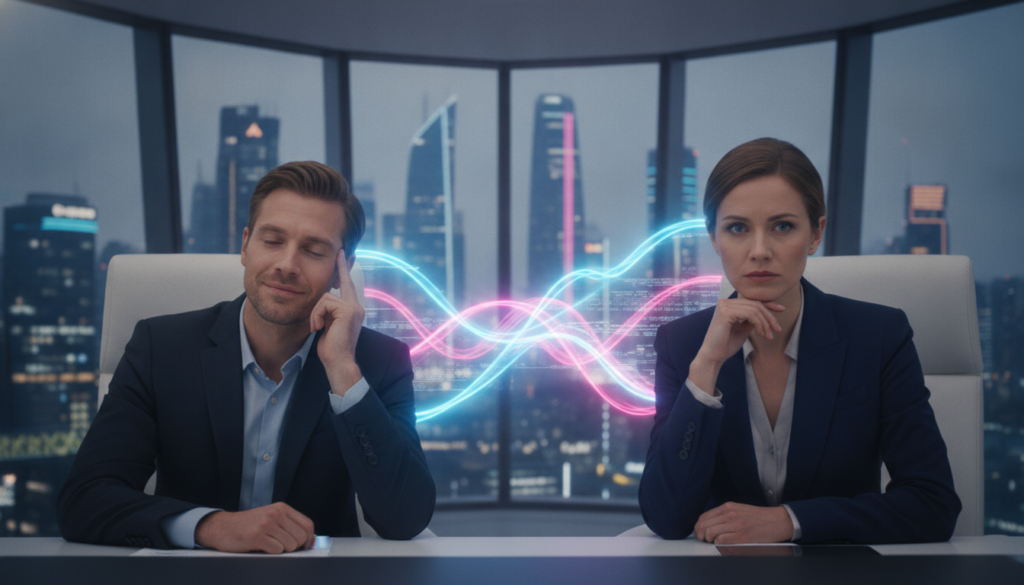 A serene scene depicting a telepathic connection being recognized over distance. In the foreground, two individuals, a Caucasian man and woman, sit in a sophisticated, modern office, dressed in professional business attire, their expressions focused yet serene. The man, with a slight smile, closes his eyes as he sends a thought, while the woman, with a look of deep concentration, receives the message. In the middle ground, ethereal waves of glowing neon light, representing the telepathic energy, subtly entwine between them, pulsating with vibrant colors like electric blue and radiant pink. The background features a softly lit, futuristic city skyline at dusk, with a dreamlike quality illuminated by neon reflections. The atmosphere is one of calm intensity, suggesting profound communication beyond physical barriers. Soft, diffused lighting enhances the mood, creating a sense of mystery and intrigue. A serene scene depicting a telepathic connection being recognized over distance. In the foreground, two individuals, a Caucasian man and woman, sit in a sophisticated, modern office, dressed in professional business attire, their expressions focused yet serene. The man, with a slight smile, closes his eyes as he sends a thought, while the woman, with a look of deep concentration, receives the message. In the middle ground, ethereal waves of glowing neon light, representing the telepathic energy, subtly entwine between them, pulsating with vibrant colors like electric blue and radiant pink. The background features a softly lit, futuristic city skyline at dusk, with a dreamlike quality illuminated by neon reflections. The atmosphere is one of calm intensity, suggesting profound communication beyond physical barriers. Soft, diffused lighting enhances the mood, creating a sense of mystery and intrigue.