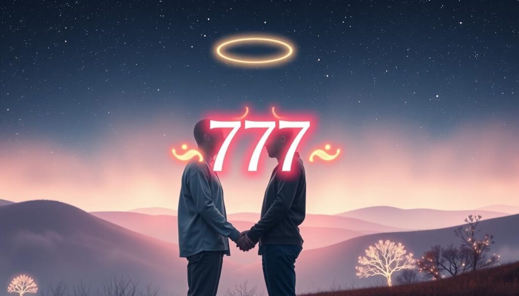 A serene scene depicting a twin flame connection beneath a starlit sky, infused with dreamcore aesthetics. In the foreground, two figures stand close together, dressed in stylish, modest casual attire, radiating warmth and connection. Their hands are almost touching, with subtle energy pulses illustrated in neon colors flowing between them. In the middle ground, a luminous angel number "777" hovers gently above their heads, surrounded by soft, glowing orbs of light that symbolize hope and synchronicity. The background features a mystical landscape, with soft hills and shimmering trees embellished with ethereal lights. The lighting is soft and ambient, creating an intimate atmosphere, as if time stands still. The overall mood is harmonious, reflecting the deep bond of twin flames and the lucky energy of the number 777.