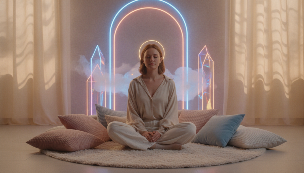 A serene scene depicting a young Caucasian woman in a comfortable, modest outfit, sitting cross-legged on a soft, plush mat in a tranquil room. She is practicing a state akin to sleep relaxation, with her eyes gently closed, exuding calmness and peace. The foreground features delicate, soft pillows around her as she engages in mindfulness, while the middle ground showcases a softly glowing, futuristic ambiance with dreamcore elements and neon colors blending harmoniously. In the background, gentle, warm lighting filters through sheer curtains, creating ethereal patterns on the walls. The overall atmosphere is one of deep relaxation and focused tranquility, inviting the viewer to feel a sense of calm and introspection.