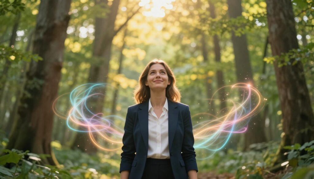 A serene scene depicting a young Caucasian woman in professional attire, standing confidently in a lush, vibrant forest bathed in dreamcore aesthetics. The foreground features her gazing upward with a subtle smile, embodying intuition and positivity. In the middle ground, ethereal, neon-colored wisps of light swirl around her, representing the energy of manifestation and intention drawing near. The background showcases tall, majestic trees with softly glowing leaves, filtering golden sunlight that adds warmth to the atmosphere. This composition should evoke a sense of tranquility, hope, and connection to the universe, highlighting the moment of realization that manifestation is on the horizon. Use a soft-focus lens to enhance the dreamlike quality and ensure the lighting is bright yet gentle, creating a magical, inviting ambiance.