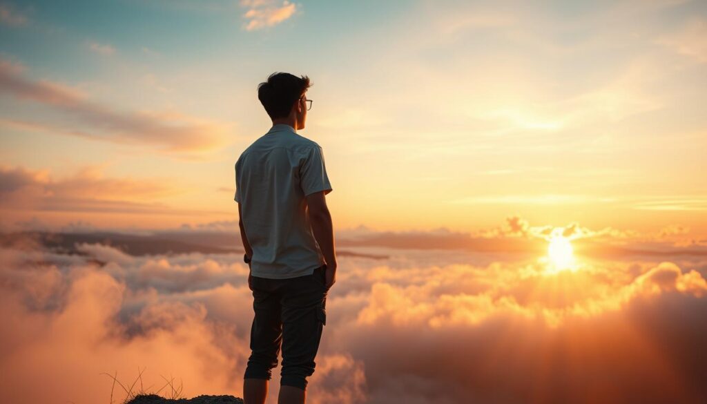 A serene scene depicting a young adult in modest casual clothing, standing on a cliff at sunrise, symbolizing the awakening to soul purpose. In the foreground, they gaze towards the horizon, where the vibrant sky blends dreamy pastel colors with neon elements, reflecting a sense of hope and possibility. In the middle ground, soft, ethereal light illuminates swirling mist, surrounding the figure as they radiate a gentle glow, suggesting an inner transformation. The background features an enchanting landscape with distant mountains, where golden rays of sunlight break through fluffy clouds. The atmosphere is one of tranquility and inspiration, captured in a high-end magazine advertisement style, using a soft-focus lens to create a magical dreamlike effect. A serene scene depicting a young adult in modest casual clothing, standing on a cliff at sunrise, symbolizing the awakening to soul purpose. In the foreground, they gaze towards the horizon, where the vibrant sky blends dreamy pastel colors with neon elements, reflecting a sense of hope and possibility. In the middle ground, soft, ethereal light illuminates swirling mist, surrounding the figure as they radiate a gentle glow, suggesting an inner transformation. The background features an enchanting landscape with distant mountains, where golden rays of sunlight break through fluffy clouds. The atmosphere is one of tranquility and inspiration, captured in a high-end magazine advertisement style, using a soft-focus lens to create a magical dreamlike effect.