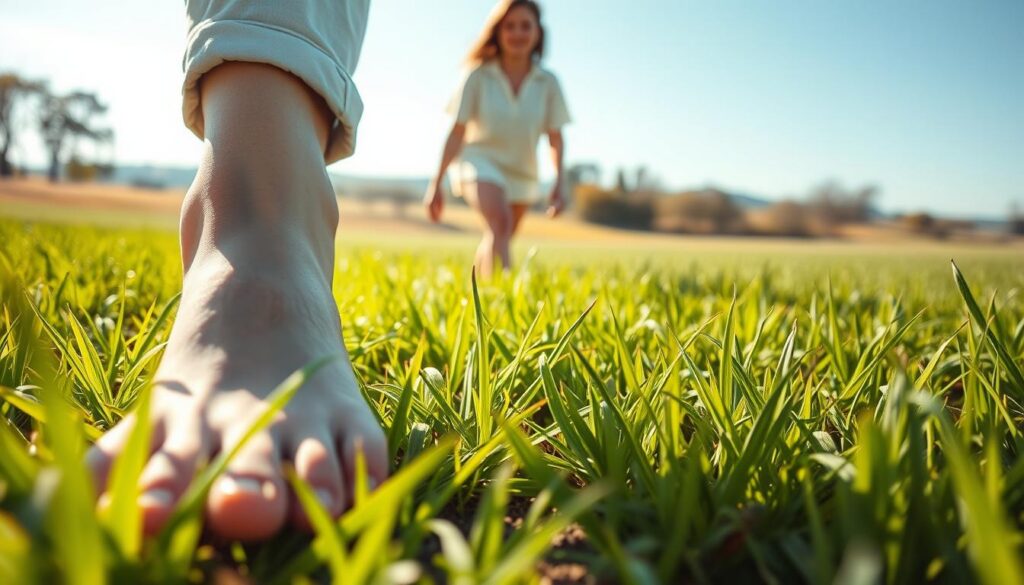 A serene scene depicting a young adult in modest casual clothing, walking barefoot on lush green grass, reflecting the soothing benefits of earthing. The foreground features the individual’s feet in close-up, gently touching the earth, with vibrant green blades of grass contrasting against their skin. In the middle ground, the person looks relaxed, with a calm expression, their body slightly tilted forward as if embracing the ground. The background shows a picturesque landscape with soft trees and a clear blue sky, hinting at the peacefulness of nature. Use soft, natural lighting to create warm highlights on the grass and a bright, inviting atmosphere. The composition should convey tranquility and connection to nature, with a dreamy, uplifting feel that resonates with well-being and stress relief.