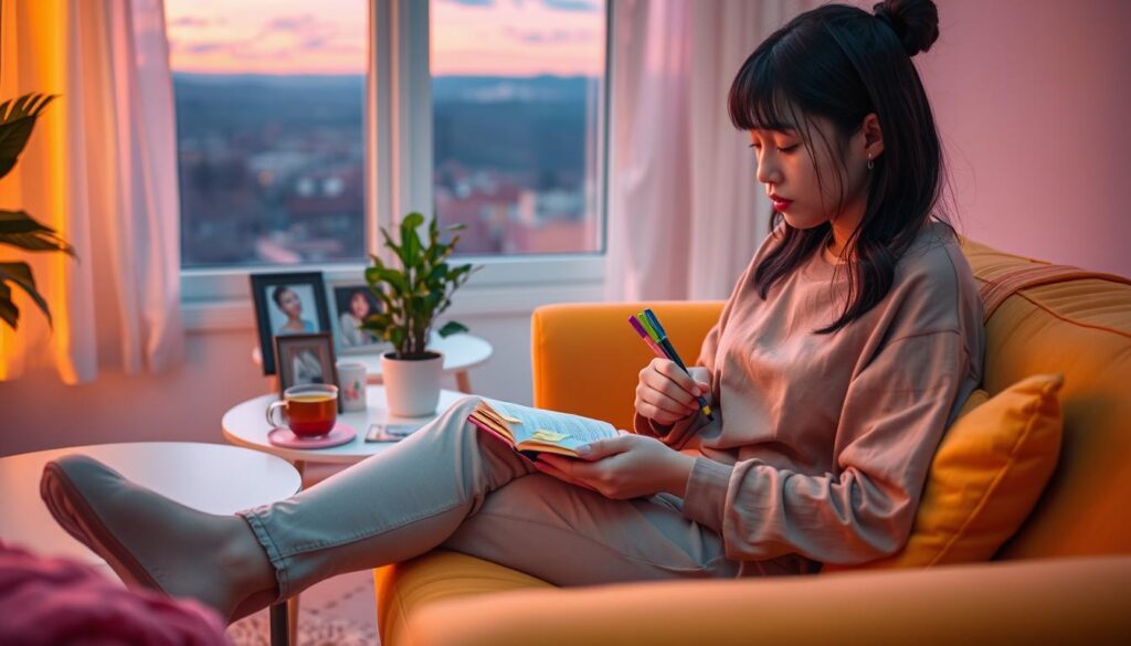 A serene scene depicting a young adult of Asian descent journaling on a cozy, brightly colored couch, surrounded by soft, dreamy neon lighting that creates a reflective atmosphere. In the foreground, the individual, dressed in comfortable yet modest casual clothing, writes thoughtfully in a journal filled with colorful pens and sticky notes. In the middle, a small coffee table displays a cup of tea, a plant, and framed personal photos, suggesting introspection and healing. The background features a softly lit window revealing a twilight sky, enhancing the mood of contemplation and emotional processing. The lighting is warm and inviting, capturing the essence of self-care after a breakup, with a hint of dreamcore aesthetics that resonate with adult Gen Z.