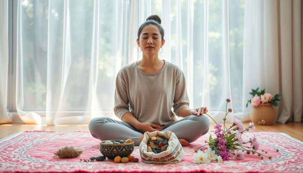 A serene scene depicting an anxiety relief session employing grounding techniques through the senses. In the foreground, an adult in modest casual attire sits cross-legged on a soft, vibrant rug, eyes closed, with a peaceful expression. Surrounding them are sensory items: a small, ornate bowl filled with colorful stones, aromatic herbs spilling from an open pouch, and blooming flowers in subtle shades. In the middle, a translucent curtain filters soft, natural light, enhancing the ambiance. The background features softly blurred greenery and pastel hues, creating a calm, dreamlike atmosphere. The image should embody a high-end magazine advertisement vibe, emphasizing tranquility and self-care, with neon colors subtly integrated to evoke a modern touch. The overall mood is soothing and enveloping, aimed at evoking comfort and mindfulness.