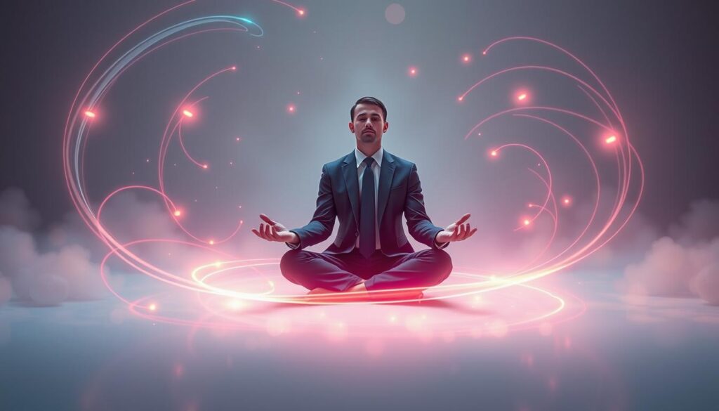 A serene scene depicting an ethereal wellness reset for the aura, featuring a central adult figure in professional business attire, sitting cross-legged in a tranquil meditation pose. Surround the individual with swirling, vibrant neon colors that represent energy flow and rejuvenation, creating a visual contrast against the soft, muted background of a peaceful, dreamlike environment. Include elements like glimmering orbs of light and gentle wisps of energy that emanate from the figure, symbolizing deep energy clearing. Use soft, diffused lighting to enhance the calming atmosphere, while employing a slightly elevated angle to capture the full effect of the vibrant colors and energy movements, reminiscent of a high-end magazine advertisement aimed at adult Gen Z. A serene scene depicting an ethereal wellness reset for the aura, featuring a central adult figure in professional business attire, sitting cross-legged in a tranquil meditation pose. Surround the individual with swirling, vibrant neon colors that represent energy flow and rejuvenation, creating a visual contrast against the soft, muted background of a peaceful, dreamlike environment. Include elements like glimmering orbs of light and gentle wisps of energy that emanate from the figure, symbolizing deep energy clearing. Use soft, diffused lighting to enhance the calming atmosphere, while employing a slightly elevated angle to capture the full effect of the vibrant colors and energy movements, reminiscent of a high-end magazine advertisement aimed at adult Gen Z.