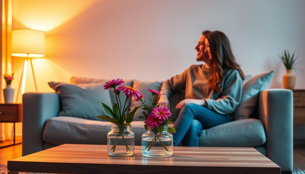 A serene scene depicting an existing romantic relationship harmony, with a couple sitting on a cozy couch in a warmly lit living room. The foreground features the couple, dressed in modest casual clothing, smiling warmly at each other, sharing a moment of laughter. The middle ground showcases a stylish coffee table adorned with a small vase of vibrant flowers, symbolizing love and growth. The background reveals soft, glowing neon colors accentuating the space, merging dreamcore aesthetics with modern decor elements. The lighting is soft and inviting, creating a dreamy atmosphere that emphasizes connection and intimacy. A wide-angle view captures the warmth and joy in the room, reflecting a sense of comfort and unity. A serene scene depicting an existing romantic relationship harmony, with a couple sitting on a cozy couch in a warmly lit living room. The foreground features the couple, dressed in modest casual clothing, smiling warmly at each other, sharing a moment of laughter. The middle ground showcases a stylish coffee table adorned with a small vase of vibrant flowers, symbolizing love and growth. The background reveals soft, glowing neon colors accentuating the space, merging dreamcore aesthetics with modern decor elements. The lighting is soft and inviting, creating a dreamy atmosphere that emphasizes connection and intimacy. A wide-angle view captures the warmth and joy in the room, reflecting a sense of comfort and unity.