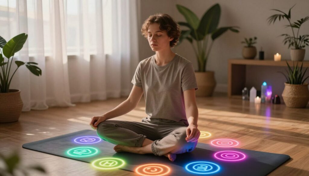 A serene scene depicting an individual performing chakra preparation practice in a tranquil setting. In the foreground, a young Caucasian adult in modest casual clothing sits cross-legged on a yoga mat, eyes closed, with focused expression, surrounded by glowing chakra symbols in vibrant neon colors. The middle ground features a softly lit room infused with dreamcore aesthetic, where gentle light filters through sheer curtains, casting ethereal shadows. In the background, soothing elements like indoor plants and crystals create a calming atmosphere. The lighting is warm and inviting, enhancing the meditative mood. The angle captures a slightly elevated view, emphasizing the subject's serene concentration and the colorful chakra alignment, evoking a sense of balance and tranquility.