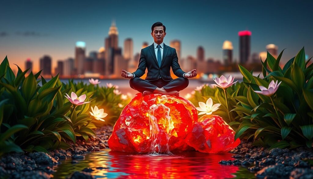 A serene scene depicting root chakra healing with elements symbolizing safety, stability, and wealth. In the foreground, a meditative figure in professional business attire sits cross-legged atop a vibrant red and earthy-toned crystal formation, radiating a warm glow. Lush green plants frame the figure, representing growth and grounding. In the middle ground, a gentle stream of clear water flows, surrounded by glowing neon flowers symbolizing abundance. The background features a softly blurred urban skyline at twilight, hinting at financial success. Use soft, ambient lighting to create a calming atmosphere while accentuating the neon colors with a dreamlike quality. Capture the scene using a wide-angle lens to emphasize the connection between the figure and their surroundings, evoking a sense of stability and empowerment in finance and personal growth. A serene scene depicting root chakra healing with elements symbolizing safety, stability, and wealth. In the foreground, a meditative figure in professional business attire sits cross-legged atop a vibrant red and earthy-toned crystal formation, radiating a warm glow. Lush green plants frame the figure, representing growth and grounding. In the middle ground, a gentle stream of clear water flows, surrounded by glowing neon flowers symbolizing abundance. The background features a softly blurred urban skyline at twilight, hinting at financial success. Use soft, ambient lighting to create a calming atmosphere while accentuating the neon colors with a dreamlike quality. Capture the scene using a wide-angle lens to emphasize the connection between the figure and their surroundings, evoking a sense of stability and empowerment in finance and personal growth.