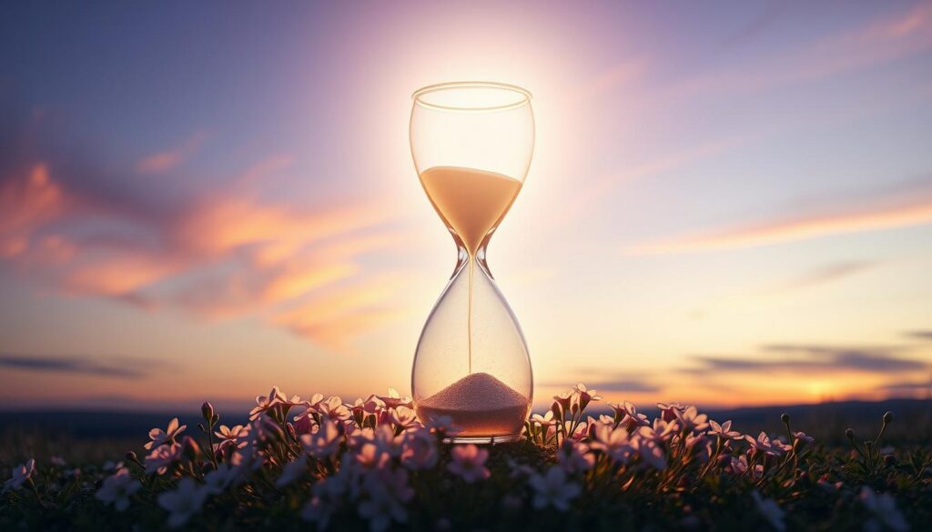 A serene scene depicting "signs of divine timing," featuring a striking hourglass at the center, illuminated by soft, ethereal light. The foreground displays delicate flowers blooming around the base of the hourglass, representing growth and the unfolding of possibilities. In the middle, gentle wisps of cloud swirl, hinting at the passage of time with a warm, golden hue. The background features a vast sky transitioning from dawn to dusk, infused with shades of lavender and teal, creating an atmosphere of tranquility and hope. The composition is slightly angled, giving a dynamic perspective, while a subtle glow encapsulates the hourglass, enhancing its significance. Overall, the mood is inspiring and reflective, evoking the essence of waiting for the right time. A serene scene depicting "signs of divine timing," featuring a striking hourglass at the center, illuminated by soft, ethereal light. The foreground displays delicate flowers blooming around the base of the hourglass, representing growth and the unfolding of possibilities. In the middle, gentle wisps of cloud swirl, hinting at the passage of time with a warm, golden hue. The background features a vast sky transitioning from dawn to dusk, infused with shades of lavender and teal, creating an atmosphere of tranquility and hope. The composition is slightly angled, giving a dynamic perspective, while a subtle glow encapsulates the hourglass, enhancing its significance. Overall, the mood is inspiring and reflective, evoking the essence of waiting for the right time.