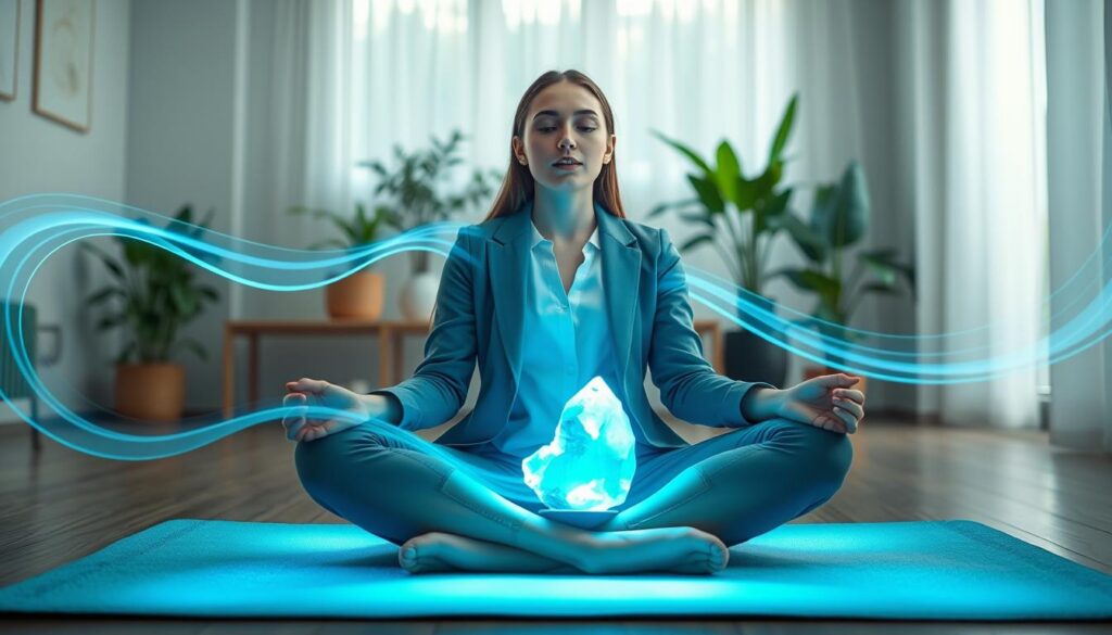 A serene scene depicting the concept of "communication balance practices," featuring a young adult woman in professional attire sitting cross-legged on a soft, glowing blue mat. In her lap rests a crystal representing the throat chakra, emitting a gentle pulse of light. Surrounding her are ethereal, flowing waves of neon blue and green energy, symbolizing clear communication and expression. In the background, a softly lit room with modern decor features plants thriving in natural light, creating an atmosphere of tranquility and balance. The perspective should be a slight upward angle to enhance the feeling of serenity and empowerment. The lighting is soft and diffused, casting gentle shadows to evoke a calming mood, perfect for a high-end magazine advertisement aimed at adult Gen Z. A serene scene depicting the concept of "communication balance practices," featuring a young adult woman in professional attire sitting cross-legged on a soft, glowing blue mat. In her lap rests a crystal representing the throat chakra, emitting a gentle pulse of light. Surrounding her are ethereal, flowing waves of neon blue and green energy, symbolizing clear communication and expression. In the background, a softly lit room with modern decor features plants thriving in natural light, creating an atmosphere of tranquility and balance. The perspective should be a slight upward angle to enhance the feeling of serenity and empowerment. The lighting is soft and diffused, casting gentle shadows to evoke a calming mood, perfect for a high-end magazine advertisement aimed at adult Gen Z.