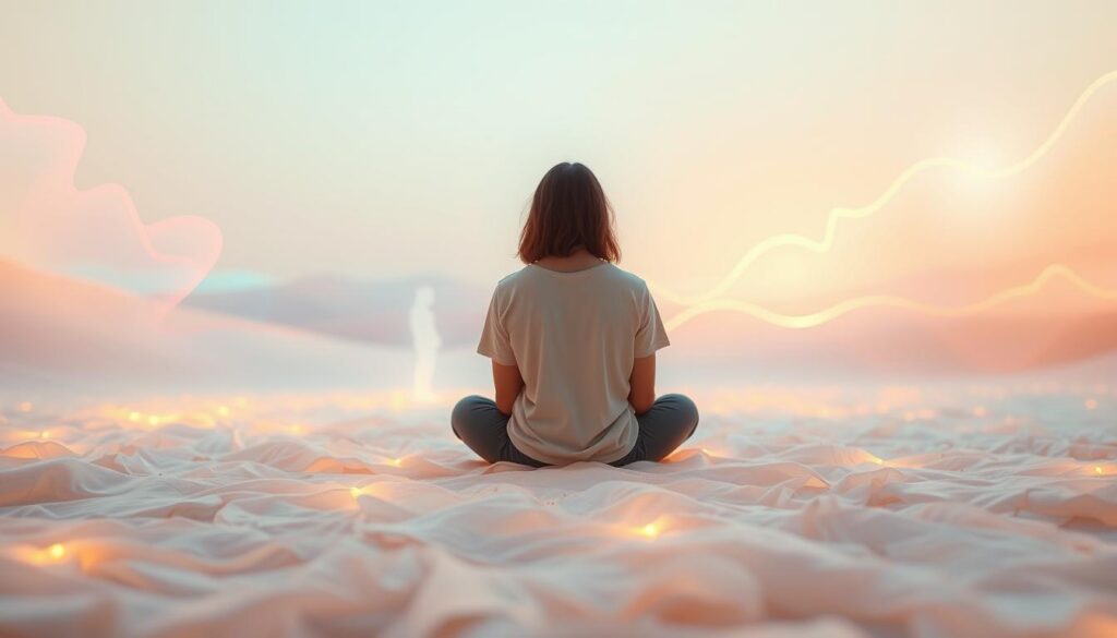 A serene scene depicting the concept of recurring memories and relationship healing. In the foreground, a person in modest casual clothing sits cross-legged on a softly glowing carpet of pastel-colored memories, surrounded by ethereal wisps of light that symbolize connections to past soul ties. The middle layer features a translucent, dreamlike figure representing a past relationship, fading gently into the background. The background includes an abstract landscape of soft, flowing shapes in vibrant neon colors, interspersed with images of fleeting memories like faded photographs or gentle light orbs. The lighting is soft and warm, enhancing the dreamcore aesthetic, while a subtle lens blur creates an intimate, reflective mood, inviting contemplation on healing and personal growth. A serene scene depicting the concept of recurring memories and relationship healing. In the foreground, a person in modest casual clothing sits cross-legged on a softly glowing carpet of pastel-colored memories, surrounded by ethereal wisps of light that symbolize connections to past soul ties. The middle layer features a translucent, dreamlike figure representing a past relationship, fading gently into the background. The background includes an abstract landscape of soft, flowing shapes in vibrant neon colors, interspersed with images of fleeting memories like faded photographs or gentle light orbs. The lighting is soft and warm, enhancing the dreamcore aesthetic, while a subtle lens blur creates an intimate, reflective mood, inviting contemplation on healing and personal growth.