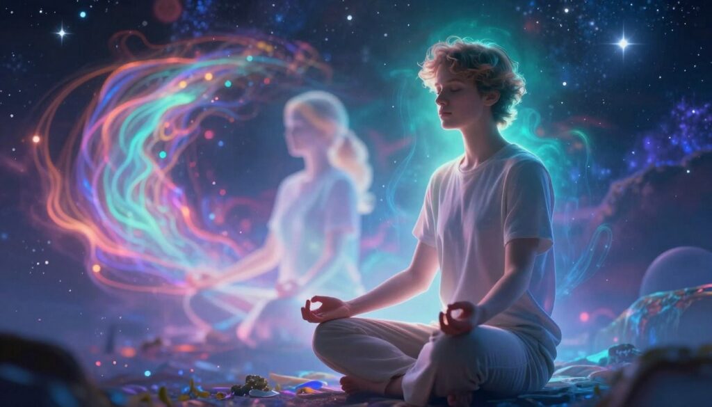 A serene scene depicting the duality of the astral body and physical body, set against a dreamlike backdrop of swirling neon colors. In the foreground, a Caucasian person in modest casual attire, seated in a meditative pose, with a soft, ethereal glow around their outline representing the astral body. The middle ground shows the physical body faintly blending into the vibrant astral energy, symbolizing the transition of consciousness. The background features a cosmic landscape, filled with stars and abstract shapes that evoke a sense of wonder and exploration. Soft, ambient lighting bathes the entire composition, creating a calming atmosphere that invites viewers to contemplate the journey of astral projection. The angle captures the essence of depth and connection between the two states of being.