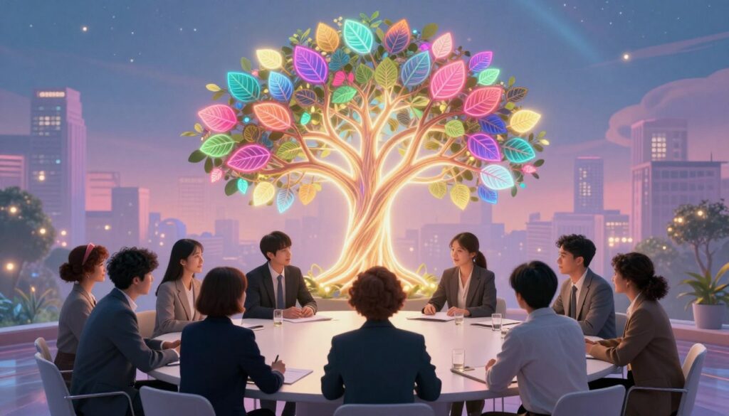 A serene scene depicting the essence of Life Path 9 in numerology, focusing on humanitarian vision. In the foreground, a diverse group of individuals, dressed in professional business attire, are engaged in a collaborative brainstorming session around a modern circular table, exuding warmth and unity. The middle ground features an artistic representation of a glowing eternal tree, symbolizing growth, compassion, and interconnectedness, adorned with vibrant neon leaves reflecting the Dreamcore aesthetic. In the background, a dreamy urban landscape with soft pastel hues and gentle lights creates an atmospheric ambiance, suggesting endless possibilities. Use soft, diffused lighting to evoke a hopeful mood, emphasizing the transformative power of endings leading to beautiful beginnings. The composition should be captured from a slightly elevated angle, creating depth and inviting viewers into this visionary world while highlighting the themes of love, empathy, and new beginnings. A serene scene depicting the essence of Life Path 9 in numerology, focusing on humanitarian vision. In the foreground, a diverse group of individuals, dressed in professional business attire, are engaged in a collaborative brainstorming session around a modern circular table, exuding warmth and unity. The middle ground features an artistic representation of a glowing eternal tree, symbolizing growth, compassion, and interconnectedness, adorned with vibrant neon leaves reflecting the Dreamcore aesthetic. In the background, a dreamy urban landscape with soft pastel hues and gentle lights creates an atmospheric ambiance, suggesting endless possibilities. Use soft, diffused lighting to evoke a hopeful mood, emphasizing the transformative power of endings leading to beautiful beginnings. The composition should be captured from a slightly elevated angle, creating depth and inviting viewers into this visionary world while highlighting the themes of love, empathy, and new beginnings.