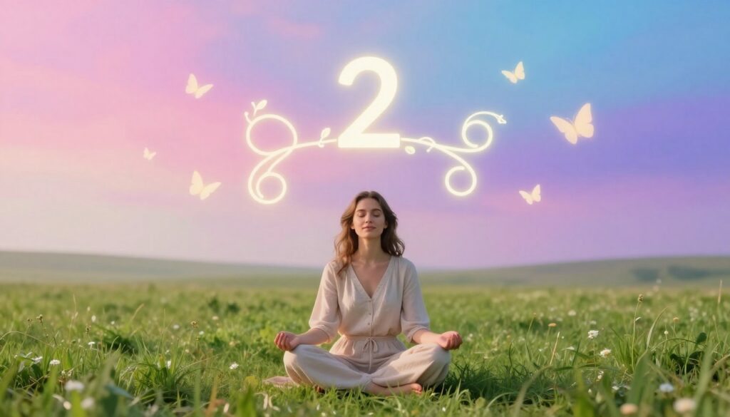 A serene scene depicting the inner nature of Life Path Number 2, emphasizing harmony and balance. In the foreground, a reflective figure, a young Caucasian woman in elegant, modest attire, sits cross-legged on a lush green meadow, radiating warmth and tranquility. The middle layer features soft, glowing symbols of connectivity and partnership, such as intertwined vines and delicate butterflies, symbolizing soulmates. In the background, a dreamlike gradient of neon colors—pink, blue, and violet—merges seamlessly, creating an ethereal atmosphere. Soft, diffused lighting bathes the scene, enhancing the sense of peace and introspection. The overall mood feels inviting and uplifting, capturing the essence of companionship and emotional depth associated with Life Path Number 2. A serene scene depicting the inner nature of Life Path Number 2, emphasizing harmony and balance. In the foreground, a reflective figure, a young Caucasian woman in elegant, modest attire, sits cross-legged on a lush green meadow, radiating warmth and tranquility. The middle layer features soft, glowing symbols of connectivity and partnership, such as intertwined vines and delicate butterflies, symbolizing soulmates. In the background, a dreamlike gradient of neon colors—pink, blue, and violet—merges seamlessly, creating an ethereal atmosphere. Soft, diffused lighting bathes the scene, enhancing the sense of peace and introspection. The overall mood feels inviting and uplifting, capturing the essence of companionship and emotional depth associated with Life Path Number 2.