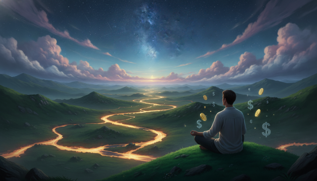 A serene scene depicting the subconscious mind as an expansive, dreamlike landscape filled with flowing streams of golden light symbolizing wealth. In the foreground, a person in modest casual clothing sits cross-legged on a lush, grassy hill, eyes closed in meditation, surrounded by ethereal, glowing symbols of abundance like coins and dollar signs, gently floating around them. The middle ground features soft, neon-colored clouds reflecting hues of blue and purple, creating a mystic atmosphere. In the background, a starry night sky is visible, suggesting infinite possibilities. Use soft, diffused lighting to create a calm and inspiring mood, capturing the essence of manifestation and mental reframing. The angle should be slightly elevated, providing a panoramic view of this enchanting visualization.