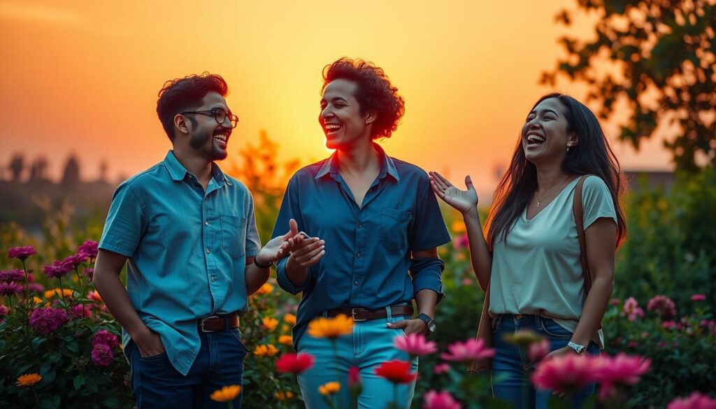 A serene scene encapsulating the essence of appreciation and love, focusing on a harmonious blend of vibrant hues. In the foreground, a diverse group of three adults, dressed in stylish casual attire, are joyfully laughing and exchanging heartfelt gestures, symbolizing connection and positivity. The middle ground features lush greenery and colorful flowers, radiating a sense of abundance and growth. In the background, a radiant sunset casts soft golden and pink light, creating a warm, inviting atmosphere that encourages focus on love and gratitude. The composition should exhibit a high-end magazine advertisement feel with a dreamcore aesthetic, using an energetic mix of neon colors. Capture this moment from a slightly elevated angle to enhance the emotional depth and intimacy of the scene, invoking a sense of joy and abundance.