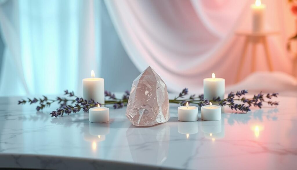 A serene scene featuring a beautifully arranged rose quartz intention ritual set on a polished white marble surface. In the foreground, a large, polished rose quartz crystal sits at the center, surrounded by delicate white candles and sprigs of fresh lavender, symbolizing love and tranquility. In the middle ground, a soft, sheer cloth in gentle pastel colors adds texture and depth, enhancing the romantic atmosphere. The background features softly blurred ambient lighting resembling a dreamy glow, with hints of neon colors subtly illuminating the edges, creating a mystical atmosphere. The overall mood is calming and inviting, aiming to evoke feelings of unconditional affection and connection. The image is shot from a slightly elevated angle, showcasing the arrangement in a high-end magazine advertisement style, perfect for a contemporary audience.