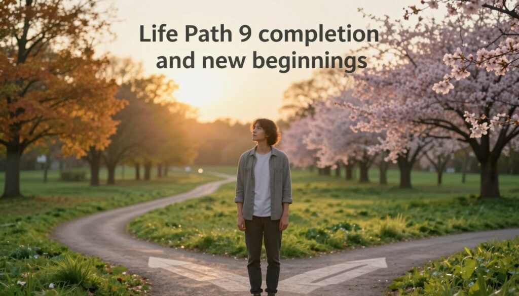 A serene scene illustrating "Life Path 9 completion and new beginnings." In the foreground, a figure in modest casual clothing stands at a crossroads, gazing thoughtfully in both directions, symbolizing choices. Their face reflects a mixture of reflection and hope. In the middle ground, a vibrant path winds through a lush landscape, transitioning from autumn leaves to blossoming flowers, representing endings yielding to new life. The background features a radiant sunrise casting soft, golden light, illuminating the scene and creating a tranquil ambiance. Use a shallow depth of field to focus on the figure while softly blurring the surroundings. The overall mood should evoke a sense of peaceful resolution and bright anticipation, with neon colors subtly enhancing the natural elements. A serene scene illustrating "Life Path 9 completion and new beginnings." In the foreground, a figure in modest casual clothing stands at a crossroads, gazing thoughtfully in both directions, symbolizing choices. Their face reflects a mixture of reflection and hope. In the middle ground, a vibrant path winds through a lush landscape, transitioning from autumn leaves to blossoming flowers, representing endings yielding to new life. The background features a radiant sunrise casting soft, golden light, illuminating the scene and creating a tranquil ambiance. Use a shallow depth of field to focus on the figure while softly blurring the surroundings. The overall mood should evoke a sense of peaceful resolution and bright anticipation, with neon colors subtly enhancing the natural elements.