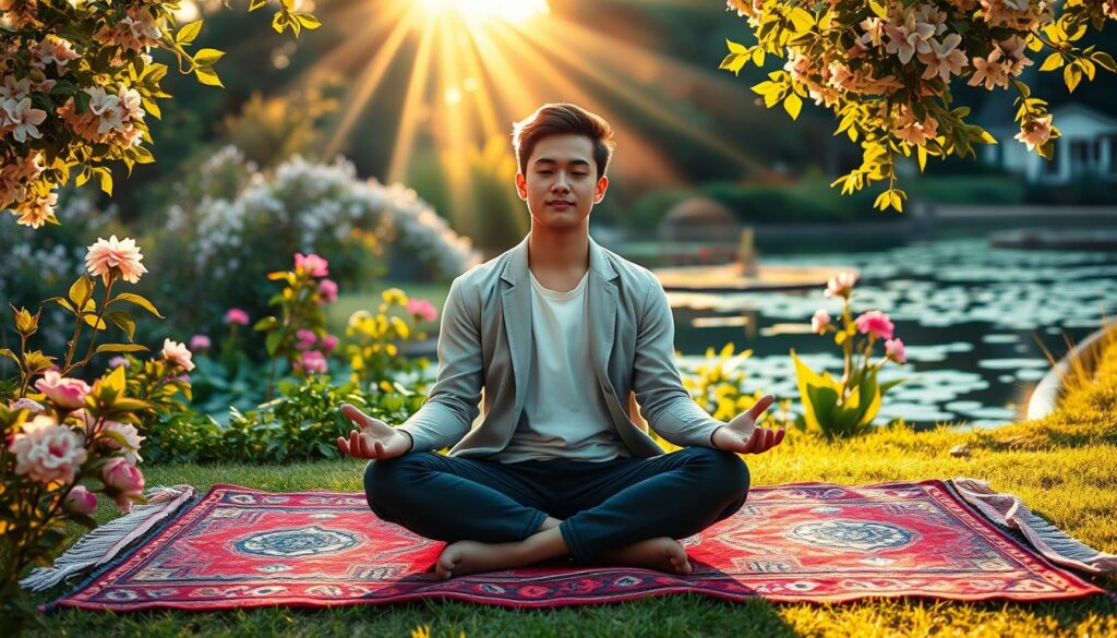 A serene scene illustrating "present moment abundance" set in a lush garden at dawn. In the foreground, a young adult in smart casual attire sits cross-legged, meditating on a vibrant, patterned rug. Their peaceful expression conveys deep mindfulness and contentment. The middle ground features blossoming flowers and vibrant greenery, symbolizing growth and prosperity. Gentle rays of golden sunlight filter through the leaves, casting soft, warm light that brings the scene to life. In the background, a tranquil pond reflects the surrounding colors, enhancing the atmosphere of abundance and serenity. Utilize a shallow depth of field to create a dreamy ambiance, emphasizing the subject against a softly blurred landscape. The overall mood is calm, uplifting, and rich in color, embodying the essence of living fully in the present. A serene scene illustrating "present moment abundance" set in a lush garden at dawn. In the foreground, a young adult in smart casual attire sits cross-legged, meditating on a vibrant, patterned rug. Their peaceful expression conveys deep mindfulness and contentment. The middle ground features blossoming flowers and vibrant greenery, symbolizing growth and prosperity. Gentle rays of golden sunlight filter through the leaves, casting soft, warm light that brings the scene to life. In the background, a tranquil pond reflects the surrounding colors, enhancing the atmosphere of abundance and serenity. Utilize a shallow depth of field to create a dreamy ambiance, emphasizing the subject against a softly blurred landscape. The overall mood is calm, uplifting, and rich in color, embodying the essence of living fully in the present.