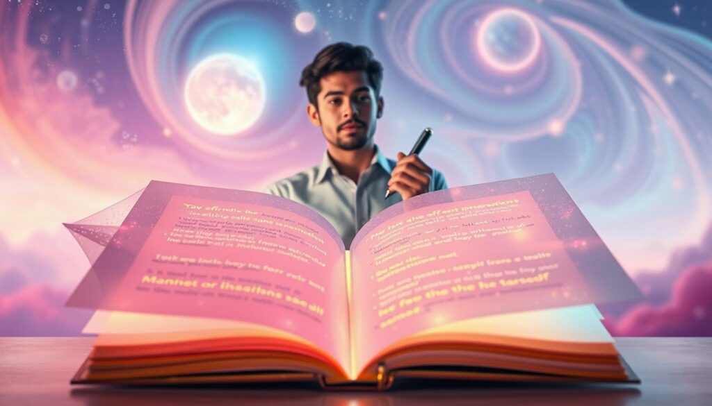 A serene scene in ethereal dreamcore style, featuring a glowing, abstract representation of positive manifestation affirmations. Foreground: a translucent, holographic styled journal opened with ethereal pages fluttering, showcasing glowing text of affirmations in neon colors. Middle: a confident young adult in professional attire, standing with a thoughtful expression, pen in hand, immersed in the creation of affirmations. Background: an abstract cosmic landscape with vibrant swirling colors, soft light radiating from celestial bodies creating a tranquil yet energetic atmosphere. The image conveys hope and empowerment, illuminated with soft, diffused lighting to enhance the positivity and inspiration of the scene. The angle captures the essence of anticipation and focus, invoking the magic of manifesting desires. A serene scene in ethereal dreamcore style, featuring a glowing, abstract representation of positive manifestation affirmations. Foreground: a translucent, holographic styled journal opened with ethereal pages fluttering, showcasing glowing text of affirmations in neon colors. Middle: a confident young adult in professional attire, standing with a thoughtful expression, pen in hand, immersed in the creation of affirmations. Background: an abstract cosmic landscape with vibrant swirling colors, soft light radiating from celestial bodies creating a tranquil yet energetic atmosphere. The image conveys hope and empowerment, illuminated with soft, diffused lighting to enhance the positivity and inspiration of the scene. The angle captures the essence of anticipation and focus, invoking the magic of manifesting desires.