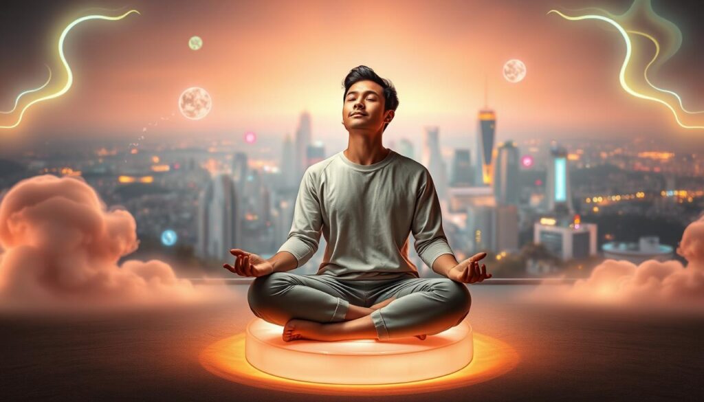 A serene scene of a person engaged in pure thought meditation, centered in the foreground, sitting in a tranquil lotus position on a soft, glowing cushion. The individual, dressed in comfortable yet modest casual clothing, embodies calmness with closed eyes, radiating a sense of focus and clarity. Surrounding them, luminous abstract shapes and ethereal clouds of neon colors swirl gently, creating a dreamlike atmosphere. In the background, a futuristic cityscape emerges with hints of nature intertwined, symbolizing harmony. Soft, diffused lighting casts a warm glow, enhancing the peaceful vibe while highlighting the connection between thought and manifestation. The overall mood is contemplative and inspiring, inviting viewers to connect with deeper thoughts. A serene scene of a person engaged in pure thought meditation, centered in the foreground, sitting in a tranquil lotus position on a soft, glowing cushion. The individual, dressed in comfortable yet modest casual clothing, embodies calmness with closed eyes, radiating a sense of focus and clarity. Surrounding them, luminous abstract shapes and ethereal clouds of neon colors swirl gently, creating a dreamlike atmosphere. In the background, a futuristic cityscape emerges with hints of nature intertwined, symbolizing harmony. Soft, diffused lighting casts a warm glow, enhancing the peaceful vibe while highlighting the connection between thought and manifestation. The overall mood is contemplative and inspiring, inviting viewers to connect with deeper thoughts.