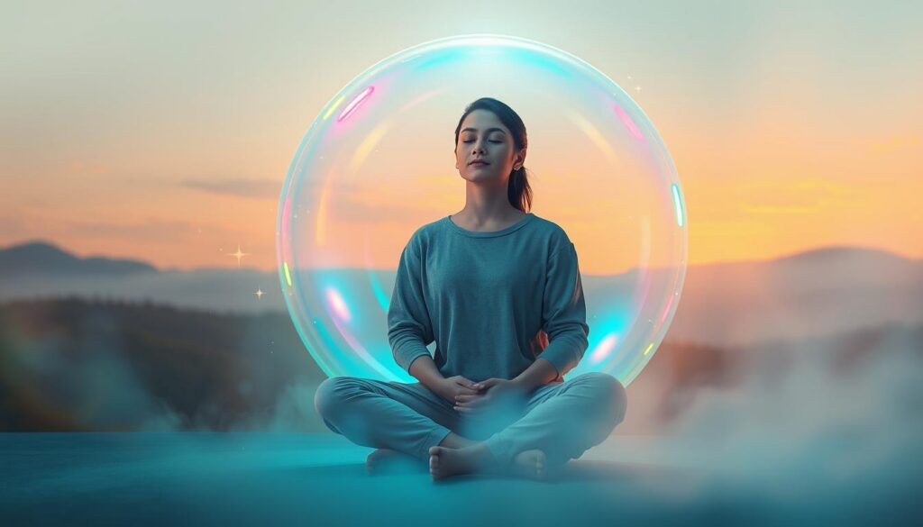 A serene scene of a person meditating within a luminous bubble of light, surrounded by a soft, dreamlike atmosphere. In the foreground, a peaceful individual dressed in comfortable, modest casual clothing sits cross-legged, their eyes closed, enveloped by a radiant, iridescent bubble that glimmers with neon colors. In the middle ground, delicate wisps of energy swirl gently, illustrating the process of energy clearing, while soft beams of light filter through, creating an ethereal glow. The background features a tranquil landscape, with lush greenery and distant mountains, bathed in warm pastel hues. The composition aims to evoke a grounded sense of peace and rejuvenation, with a focus on harmony and inner balance, illuminated by radiant light that inspires a quick personal reset. The lighting is soft yet vibrant, enhancing the dreamcore aesthetic. A serene scene of a person meditating within a luminous bubble of light, surrounded by a soft, dreamlike atmosphere. In the foreground, a peaceful individual dressed in comfortable, modest casual clothing sits cross-legged, their eyes closed, enveloped by a radiant, iridescent bubble that glimmers with neon colors. In the middle ground, delicate wisps of energy swirl gently, illustrating the process of energy clearing, while soft beams of light filter through, creating an ethereal glow. The background features a tranquil landscape, with lush greenery and distant mountains, bathed in warm pastel hues. The composition aims to evoke a grounded sense of peace and rejuvenation, with a focus on harmony and inner balance, illuminated by radiant light that inspires a quick personal reset. The lighting is soft yet vibrant, enhancing the dreamcore aesthetic.