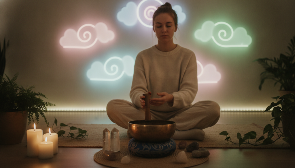 A serene scene of a singing bowl healing practice set in a tranquil room with soft, ambient lighting. In the foreground, a beautifully crafted Tibetan singing bowl rests on a cushion surrounded by crystals, candles, and plants, enhancing the healing atmosphere. In the middle ground, a Caucasian adult Gen Z individual in modest casual clothing sits cross-legged on a yoga mat, eyes closed, and hands delicately focused on the bowl, emanating a peaceful vibe. The background features softly blurred wall decorations reminiscent of Dreamcore aesthetics, with subtle neon colors creating a calming yet vibrant environment. The overall mood is tranquil and uplifting, inviting viewers into the world of healing energy and high vibrations. A serene scene of a singing bowl healing practice set in a tranquil room with soft, ambient lighting. In the foreground, a beautifully crafted Tibetan singing bowl rests on a cushion surrounded by crystals, candles, and plants, enhancing the healing atmosphere. In the middle ground, a Caucasian adult Gen Z individual in modest casual clothing sits cross-legged on a yoga mat, eyes closed, and hands delicately focused on the bowl, emanating a peaceful vibe. The background features softly blurred wall decorations reminiscent of Dreamcore aesthetics, with subtle neon colors creating a calming yet vibrant environment. The overall mood is tranquil and uplifting, inviting viewers into the world of healing energy and high vibrations.