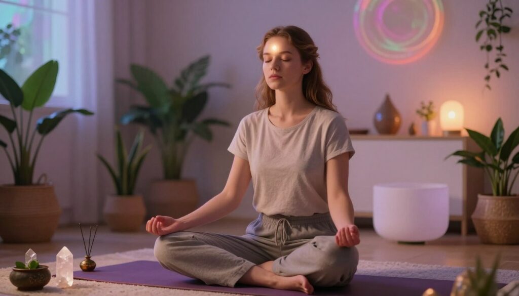 A serene scene of a young Caucasian woman meditating in a calm, softly lit room, emphasizing the concept of third eye meditation practice. She sits cross-legged on a plush mat, wearing comfortable yet modest, casual clothing. Her eyes are gently closed, and a soft, glowing light emanates from the center of her forehead to represent the third eye. In the foreground, delicate crystals and incense holders add a spiritual touch. The middle ground features lush plants, enhancing the atmosphere of tranquility. In the background, the room is adorned with ethereal, dreamcore-inspired decor, bathed in soft neon colors, creating a soothing ambiance. The lighting is warm, casting gentle shadows, invoking a sense of peace and focus, ideal for meditation. The angle captures depth and calmness, inviting viewers into this meditative space.
