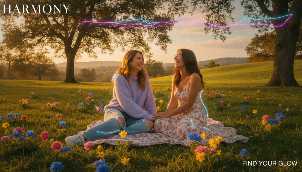 A serene scene of two adult Gen Z friends seated on a cozy blanket in a sunlit park, surrounded by vibrant green grass and blooming flowers. The foreground features the friends laughing and sharing a moment of connection, dressed in modest casual clothing, one in a pastel sweater and the other in a flowy dress. In the middle ground, soft sunlight filters through the leaves of nearby trees, casting dappled shadows. The background showcases a dreamy landscape with gentle rolling hills and a pastel sky adorned with wispy clouds. The atmosphere is warm and inviting, with neon colors subtly enhancing the peaceful and loving ambiance. The image should evoke feelings of joy, trust, and connection, resembling a high-end magazine advertisement.