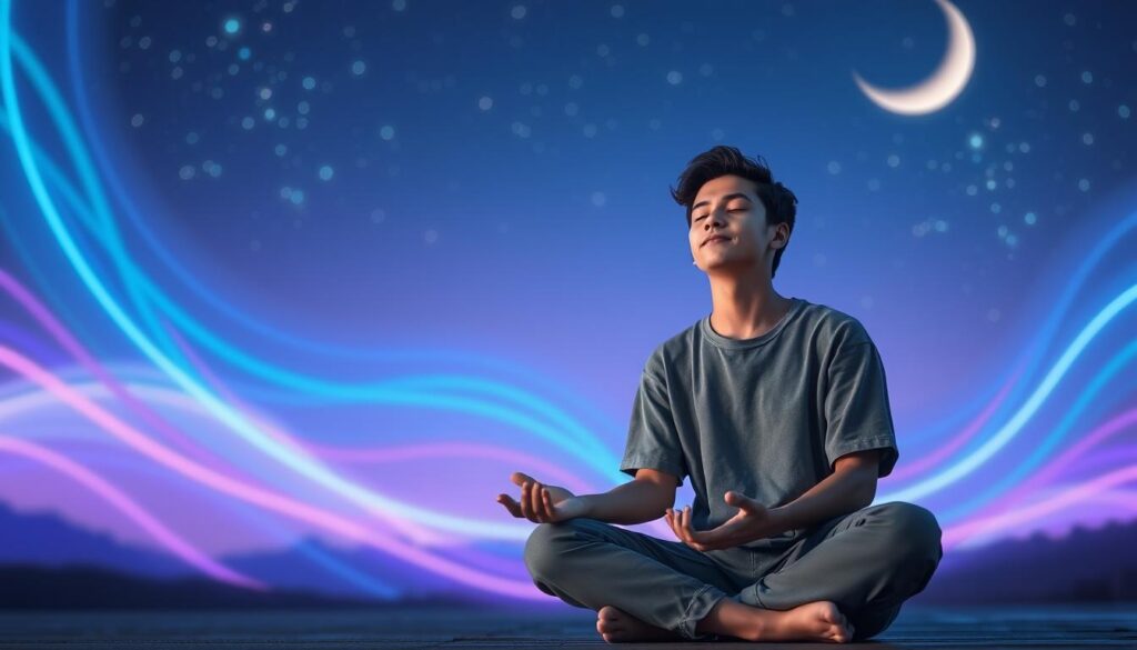 A serene scene reflecting the concept of intuition and inner guidance. In the foreground, a contemplative young adult in modest casual clothing, sitting cross-legged, with closed eyes and a gentle smile, surrounded by glowing geometric shapes that symbolize thoughts and ideas. The middle ground features softly swirling neon colors blending harmoniously—a mix of blue, violet, and pink hues, creating an ethereal atmosphere. The background fades into a tranquil night sky filled with luminous stars and a soft crescent moon, enhancing the spiritual ambiance. The lighting is soft and diffused, casting a warm glow on the figure, emphasizing a meditative state. Focused from a slightly elevated angle, the image evokes feelings of peace, connection, and the exploration of one's higher self.