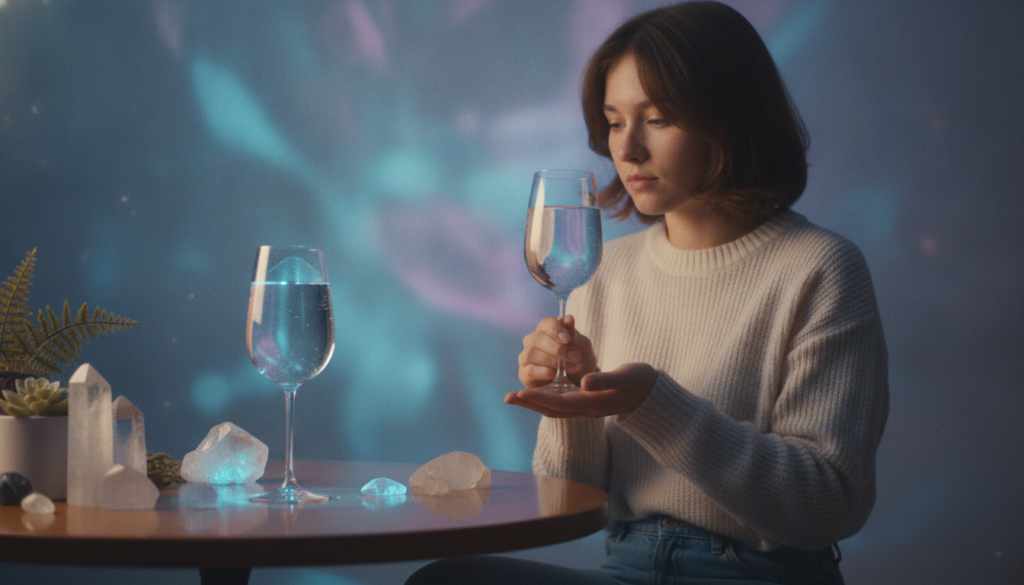A serene scene showcasing the "Two Glass Method" of manifestation, featuring two elegant glasses filled with shimmering water, reflecting neon hues of blue and purple. In the foreground, focus on one glass being held by a young adult in modest casual clothing, with a look of intent and meditation. The middle ground presents a softly illuminated table adorned with crystals and plants, integrating elements of tranquility and positive energy. The background features a dreamy atmosphere, with abstract light patterns and blurred shapes evoking a sense of manifestation energy flowing through the air. Soft, ambient lighting enhances the mood, creating a calming and inspiring visual experience as if inviting viewers into a moment of personal transformation.