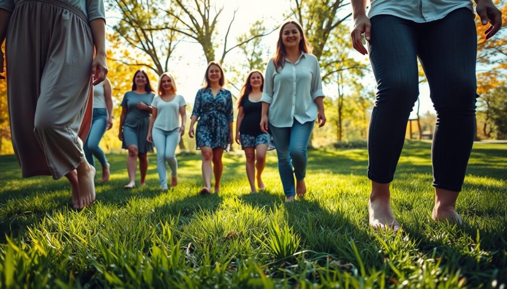 A serene scene showcasing the calming practice of earthing for stress relief. In the foreground, a diverse group of adults in modest casual clothing are walking barefoot on lush green grass, their feet connecting with the earth. In the middle, soft sunlight filters through a backdrop of trees with vibrant foliage, casting gentle shadows on the ground. The atmosphere radiates tranquility and wellness, enhanced by dreamy neon colors that subtly highlight the natural landscape. The angle captures the participants from a low perspective, emphasizing their feet and the grass beneath them, while maintaining a slight blur of the background to focus on their joyful expressions. The overall mood is peaceful and rejuvenating, evoking a sense of connection to nature and inner calm.