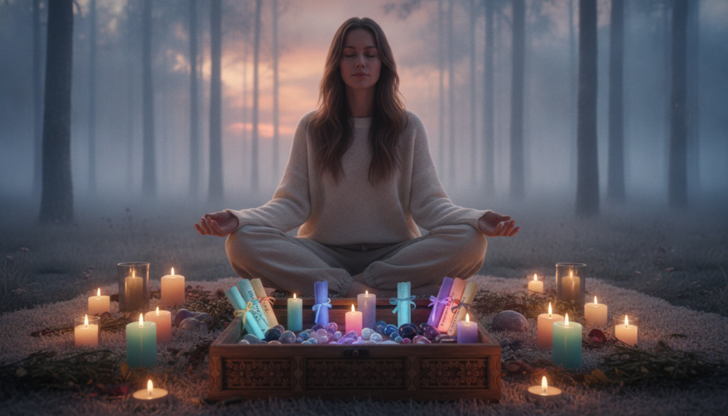 A serene setting for a “clear intention ritual,” centered around a thoughtfully arranged manifestation box. In the foreground, a beautifully crafted wooden box, open to reveal various colorful crystals, candles, and handwritten intention notes, glowing softly in neon hues. The middle ground features a young adult Caucasian individual dressed in modest casual clothing, eyes closed in deep concentration, surrounded by warm, inviting candlelight. In the background, a softly blurred, dreamy landscape with ethereal, luminous trees and gentle mist, enhancing the magical atmosphere. The lighting is soft and warm, reminiscent of dusk, casting a calming glow throughout the scene. The overall mood is tranquil yet inspiring, inviting viewers to feel the energy of manifestation.
