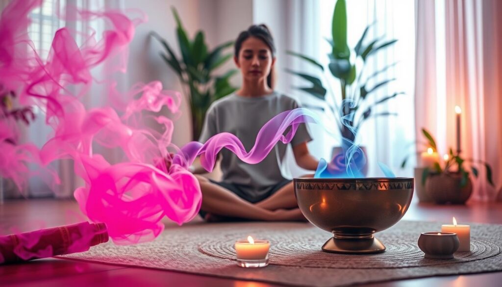 A serene setting for an aura cleansing ritual, featuring a calm individual in modest casual clothing, seated in a lotus position. In the foreground, a source of swirling smoke from a smudging bundle, with vivid colors blending in the air, creating a mystic atmosphere. Sound waves, illustrated as gentle ripples, emanate from a crystal singing bowl placed nearby, casting shimmering reflections. The middle ground showcases subtle crystals and candles, enhancing the scene’s tranquility. The background reveals a softly lit room adorned with lush plants and ambient light filters through sheer curtains, bathing the space in warm hues. The overall mood is soothing, ethereal, and revitalizing, perfect for a day of aura cleansing, with a high-end magazine aesthetic and neon accents subtly integrated throughout. A serene setting for an aura cleansing ritual, featuring a calm individual in modest casual clothing, seated in a lotus position. In the foreground, a source of swirling smoke from a smudging bundle, with vivid colors blending in the air, creating a mystic atmosphere. Sound waves, illustrated as gentle ripples, emanate from a crystal singing bowl placed nearby, casting shimmering reflections. The middle ground showcases subtle crystals and candles, enhancing the scene’s tranquility. The background reveals a softly lit room adorned with lush plants and ambient light filters through sheer curtains, bathing the space in warm hues. The overall mood is soothing, ethereal, and revitalizing, perfect for a day of aura cleansing, with a high-end magazine aesthetic and neon accents subtly integrated throughout.