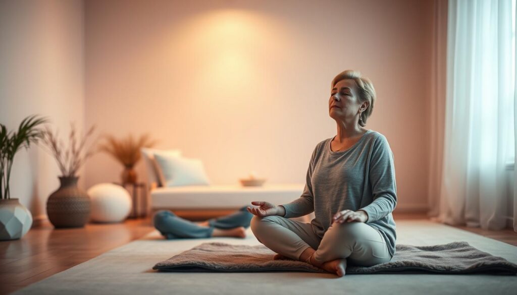 A serene, softly lit room designed for a guided regression session; in the foreground, a calm, middle-aged woman sitting cross-legged on a plush mat, dressed in modest casual clothing, eyes gently closed, displaying a sense of relaxation and openness. In the middle ground, a knowledgeable therapist, also in professional attire, gently guiding her with supportive body language. The background features soothing, dreamlike elements like soft pastel colors and abstract shapes that evoke a sense of exploration and introspection. The lighting is warm and inviting, casting soft shadows that enhance the peaceful atmosphere. A faint glow of neon hues subtly outlines the room, creating an ethereal ambiance reminiscent of high-end magazine aesthetics, appealing to an adult Gen Z audience. A serene, softly lit room designed for a guided regression session; in the foreground, a calm, middle-aged woman sitting cross-legged on a plush mat, dressed in modest casual clothing, eyes gently closed, displaying a sense of relaxation and openness. In the middle ground, a knowledgeable therapist, also in professional attire, gently guiding her with supportive body language. The background features soothing, dreamlike elements like soft pastel colors and abstract shapes that evoke a sense of exploration and introspection. The lighting is warm and inviting, casting soft shadows that enhance the peaceful atmosphere. A faint glow of neon hues subtly outlines the room, creating an ethereal ambiance reminiscent of high-end magazine aesthetics, appealing to an adult Gen Z audience.