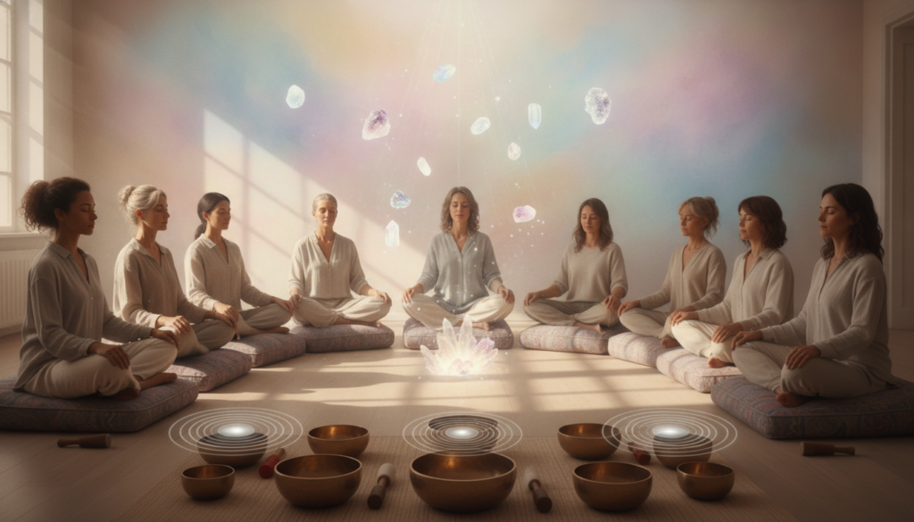 A serene sound bath meditation scene set in a softly lit room, featuring a diverse group of adults dressed in modest casual clothing, sitting cross-legged on plush cushions. The foreground showcases beautifully designed Tibetan singing bowls, emitting gentle sound waves that ripple through the air. In the middle, a faint aura of colorful lights and soft, glowing crystals enhances the calming atmosphere, while participants close their eyes, immersed in tranquility. The background includes soft, dreamlike pastel hues blending together, enhancing the ethereal feel. Soft, diffused lighting casts gentle shadows, creating an inviting space that encourages relaxation and mindfulness. The overall mood is peaceful and rejuvenating, capturing the transformative experience of a sound bath meditation. A serene sound bath meditation scene set in a softly lit room, featuring a diverse group of adults dressed in modest casual clothing, sitting cross-legged on plush cushions. The foreground showcases beautifully designed Tibetan singing bowls, emitting gentle sound waves that ripple through the air. In the middle, a faint aura of colorful lights and soft, glowing crystals enhances the calming atmosphere, while participants close their eyes, immersed in tranquility. The background includes soft, dreamlike pastel hues blending together, enhancing the ethereal feel. Soft, diffused lighting casts gentle shadows, creating an inviting space that encourages relaxation and mindfulness. The overall mood is peaceful and rejuvenating, capturing the transformative experience of a sound bath meditation.