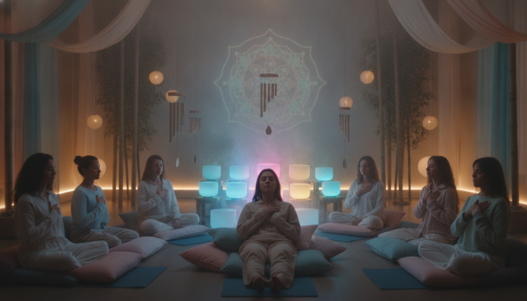 A serene sound bath scene designed to evoke relaxation and stress relief. In the foreground, a diverse group of individuals dressed in modest casual clothing, peacefully lying on yoga mats with eyes closed, surrounded by soft, colorful cushions. The middle ground features an array of elegant crystal singing bowls and delicate chimes, glowing softly in neon hues, while a gentle mist swirls around them. In the background, an ambient setting with dimmed lighting casts a warm glow, highlighting bamboo plants and soft fabrics draping the walls. The atmosphere is tranquil, with soothing pastel colors blending into a harmonious dreamcore aesthetic, inviting viewers to feel the calming essence of this sound bath experience. Use a soft focus lens to enhance the tranquil mood, ensuring a high-end magazine advertisement quality. A serene sound bath scene designed to evoke relaxation and stress relief. In the foreground, a diverse group of individuals dressed in modest casual clothing, peacefully lying on yoga mats with eyes closed, surrounded by soft, colorful cushions. The middle ground features an array of elegant crystal singing bowls and delicate chimes, glowing softly in neon hues, while a gentle mist swirls around them. In the background, an ambient setting with dimmed lighting casts a warm glow, highlighting bamboo plants and soft fabrics draping the walls. The atmosphere is tranquil, with soothing pastel colors blending into a harmonious dreamcore aesthetic, inviting viewers to feel the calming essence of this sound bath experience. Use a soft focus lens to enhance the tranquil mood, ensuring a high-end magazine advertisement quality.