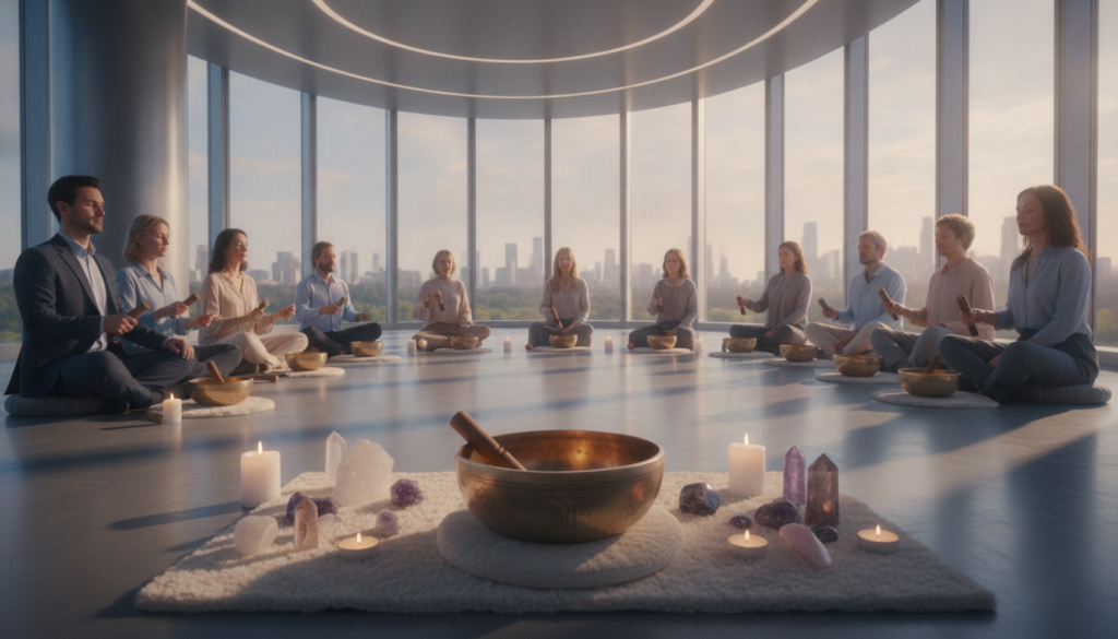 A serene sound therapy session featuring a diverse group of individuals engaged in singing bowl healing, set in a modern, minimalist room with soft, ambient lighting. In the foreground, a close-up of a beautifully crafted Tibetan singing bowl resting on a plush mat, surrounded by colorful crystals and soft, glowing candles. In the middle ground, participants in professional business attire or modest casual clothing, with expressions of calm and focus, gently playing their singing bowls. The background showcases large windows allowing natural light to filter in, illuminating the space with warmth. The overall mood is tranquil and uplifting, enhanced by dreamy neon colors reflecting off the surfaces, creating a high-end magazine advertisement vibe. The camera angle is slightly elevated, capturing the essence of community and relaxation in sound therapy. A serene sound therapy session featuring a diverse group of individuals engaged in singing bowl healing, set in a modern, minimalist room with soft, ambient lighting. In the foreground, a close-up of a beautifully crafted Tibetan singing bowl resting on a plush mat, surrounded by colorful crystals and soft, glowing candles. In the middle ground, participants in professional business attire or modest casual clothing, with expressions of calm and focus, gently playing their singing bowls. The background showcases large windows allowing natural light to filter in, illuminating the space with warmth. The overall mood is tranquil and uplifting, enhanced by dreamy neon colors reflecting off the surfaces, creating a high-end magazine advertisement vibe. The camera angle is slightly elevated, capturing the essence of community and relaxation in sound therapy.