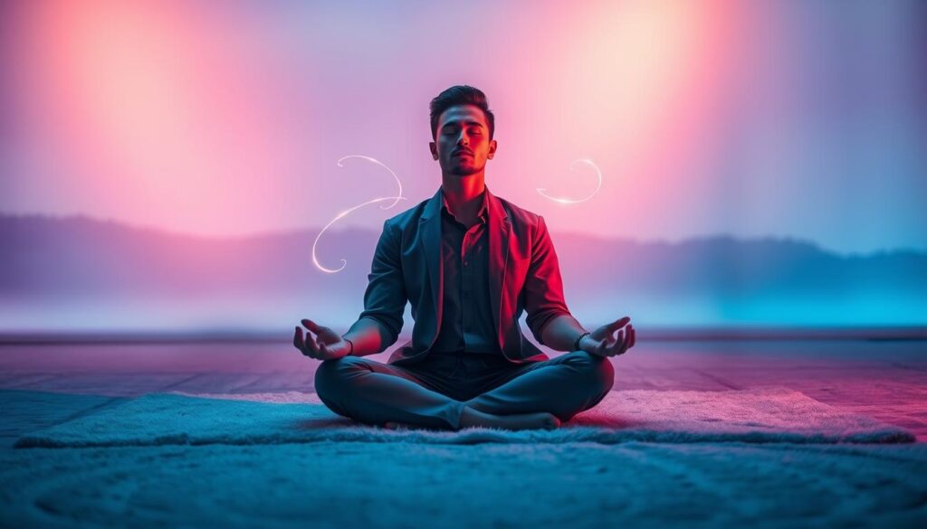 A serene space embodying "calm energy before manifestation," featuring a meditative figure seated cross-legged on a soft, glowing rug. The foreground showcases the individual in professional casual attire, eyes gently closed, surrounded by subtle, swirling neon colors that emanate a tranquil aura. In the middle ground, abstract representations of thoughts and intentions, materializing as shimmering wisps of light, float subtly around the figure. The background consists of an ethereal, dreamcore landscape with soft gradients transitioning from soothing blues to vibrant purples, illuminated by a warm, soft light that whispers tranquility. Use a shallow depth of field to focus on the figure while keeping the background slightly blurred, creating an atmosphere of peaceful anticipation and positive energy. The scene should evoke a sense of calmness and readiness for manifestation, perfect for an inspirational context.