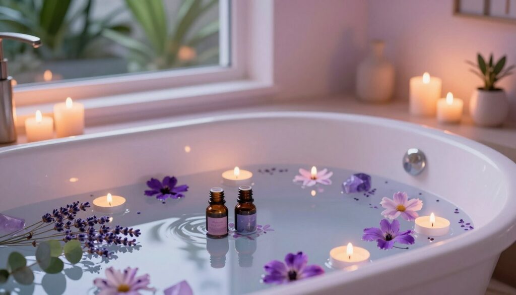 A serene spiritual bath home setup, featuring a beautifully arranged bathtub filled with a calming mix of lavender and eucalyptus essential oils, surrounded by glowing candles and vibrant crystals. In the foreground, delicate flowers float on the water's surface, enhancing the tranquil atmosphere. The middle ground showcases soft, warm lighting that casts gentle shadows, creating an inviting space. In the background, lush greenery can be seen through a window, along with pastel-colored walls and minimalistic decor that evokes a sense of peace and harmony. The overall mood is soothing and ethereal, inspired by dreamcore aesthetics with hints of neon colors, appealing to an adult Gen Z audience. The angle is slightly overhead, showcasing the entire setup as a holistic experience designed for self-care and wealth manifestation.