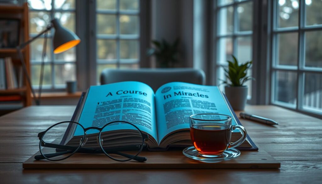 A serene study setting featuring an open textbook titled "A Course in Miracles," its pages glowing softly with ethereal neon colors that evoke a sense of tranquility and enlightenment. In the foreground, a pair of stylish round eyeglasses rests beside a steaming cup of herbal tea, suggesting deep contemplation. The middle ground showcases a sleek wooden desk adorned with a small plant and an elegant pen, creating a harmonious workspace. In the background, large windows allow soft, natural light to filter in, illuminating the space and blending with the dreamcore aesthetic. The atmosphere is peaceful and reflective, aimed at capturing the essence of discovery and personal transformation. The image should feel like a high-end magazine advertisement, appealing to the adult Gen Z demographic, devoid of any text or additional distractions. A serene study setting featuring an open textbook titled "A Course in Miracles," its pages glowing softly with ethereal neon colors that evoke a sense of tranquility and enlightenment. In the foreground, a pair of stylish round eyeglasses rests beside a steaming cup of herbal tea, suggesting deep contemplation. The middle ground showcases a sleek wooden desk adorned with a small plant and an elegant pen, creating a harmonious workspace. In the background, large windows allow soft, natural light to filter in, illuminating the space and blending with the dreamcore aesthetic. The atmosphere is peaceful and reflective, aimed at capturing the essence of discovery and personal transformation. The image should feel like a high-end magazine advertisement, appealing to the adult Gen Z demographic, devoid of any text or additional distractions.
