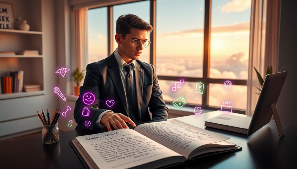 A serene study space bathed in soft, warm lighting, featuring a sleek desk with an open notebook filled with handwritten academic goals and affirmations. In the foreground, a stylish adult Gen Z individual, dressed in professional business attire, gazes thoughtfully at the notebook, exuding confidence and determination. The middle layer showcases a vibrant array of neon colors encapsulating motivational symbols and icons, blending harmoniously with the peaceful ambiance. In the background, a large window reveals a dreamy, surreal landscape that inspires creativity and focus, with soft pastel hues and gentle clouds. The atmosphere is uplifting and hopeful, encouraging the viewer to embrace their academic ambitions. The composition is well-balanced, emphasizing the connection between mindset and goal achievement without any distractions or text. A serene study space bathed in soft, warm lighting, featuring a sleek desk with an open notebook filled with handwritten academic goals and affirmations. In the foreground, a stylish adult Gen Z individual, dressed in professional business attire, gazes thoughtfully at the notebook, exuding confidence and determination. The middle layer showcases a vibrant array of neon colors encapsulating motivational symbols and icons, blending harmoniously with the peaceful ambiance. In the background, a large window reveals a dreamy, surreal landscape that inspires creativity and focus, with soft pastel hues and gentle clouds. The atmosphere is uplifting and hopeful, encouraging the viewer to embrace their academic ambitions. The composition is well-balanced, emphasizing the connection between mindset and goal achievement without any distractions or text.