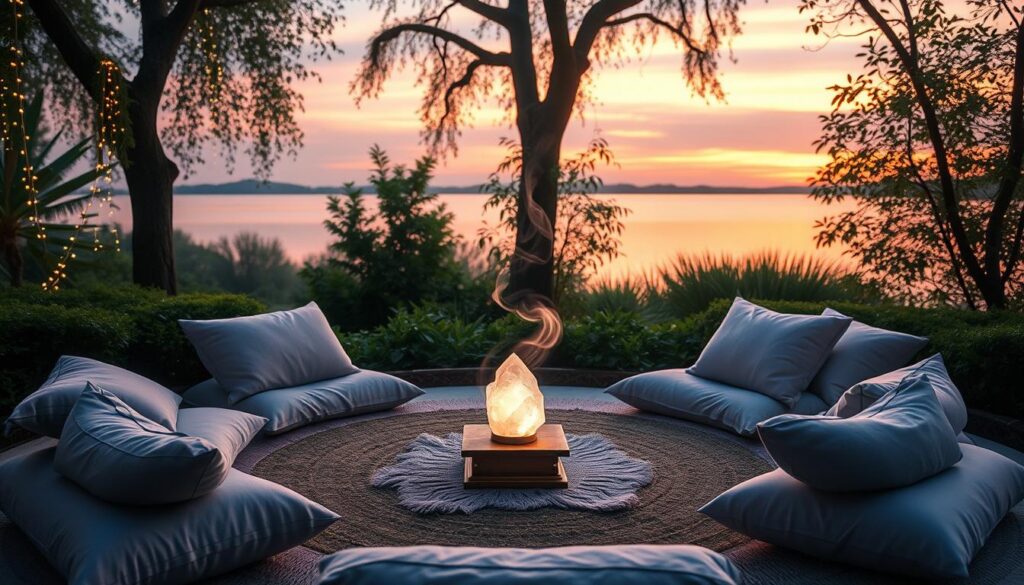 A serene, tranquil environment designed for spiritual connection, featuring a circular arrangement of soft cushions and pillows in hues of pastel blue and lavender. In the foreground, a glowing crystal on a small altar radiates gentle light, surrounded by delicate incense smoke swirling in the air. The middle ground showcases lush greenery, with softly illuminated fairy lights cascading from nearby trees. In the background, a tranquil body of water reflects the calming colors of a sunset sky, blending shades of pink and orange. The overall atmosphere exudes peace and mindfulness, enhanced by a soft, ambient glow that creates an inviting, dreamlike quality. The scene should be viewed from a slight high angle, capturing the essence of unity and comfort in connecting with spiritual guides. A serene, tranquil environment designed for spiritual connection, featuring a circular arrangement of soft cushions and pillows in hues of pastel blue and lavender. In the foreground, a glowing crystal on a small altar radiates gentle light, surrounded by delicate incense smoke swirling in the air. The middle ground showcases lush greenery, with softly illuminated fairy lights cascading from nearby trees. In the background, a tranquil body of water reflects the calming colors of a sunset sky, blending shades of pink and orange. The overall atmosphere exudes peace and mindfulness, enhanced by a soft, ambient glow that creates an inviting, dreamlike quality. The scene should be viewed from a slight high angle, capturing the essence of unity and comfort in connecting with spiritual guides.